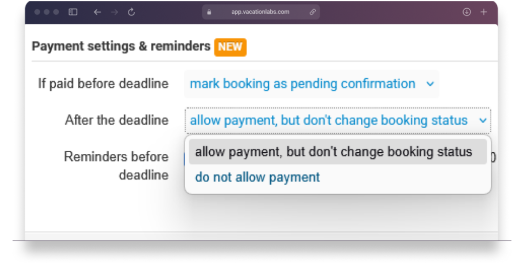 Backoffice screenshot showing “After the deadline” options