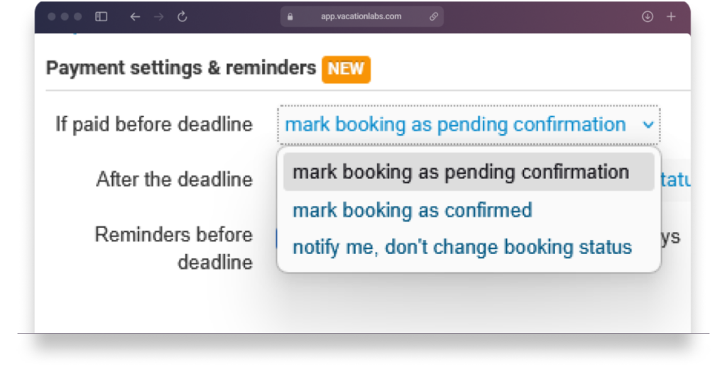 Backoffice screenshot showing “If paid before deadline” options