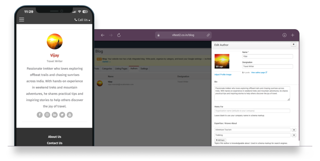 Backoffice desktop screenshot showing Blog Authors tab with author sidebar editor open showing bio, designation, profile photo, and social links. Storefront mobile screenshot showing author box on a blog post with photo, name, bio, and social icons.