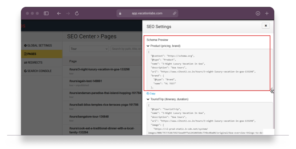 Backoffice screenshot showing SEO Center schema toggles with JSON-LD preview