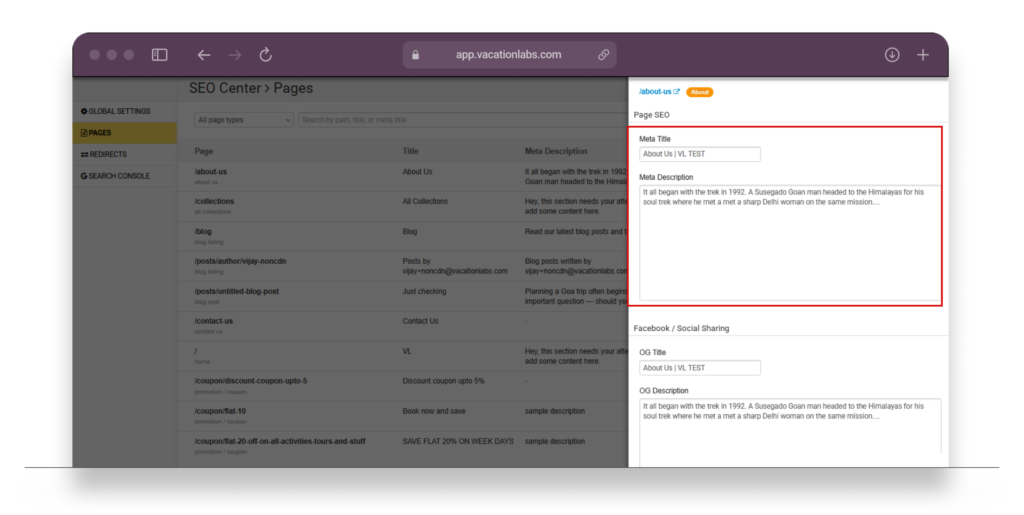 Backoffice desktop screenshot showing SEO Center Pages sidebar with meta title and description fields