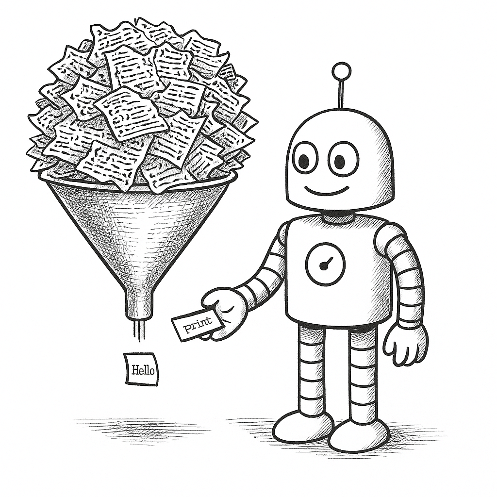 A firehose of page markup and element listings pours into a tiny funnel labelled with the conversation's context window, most of it spilling over and flooding the desk.