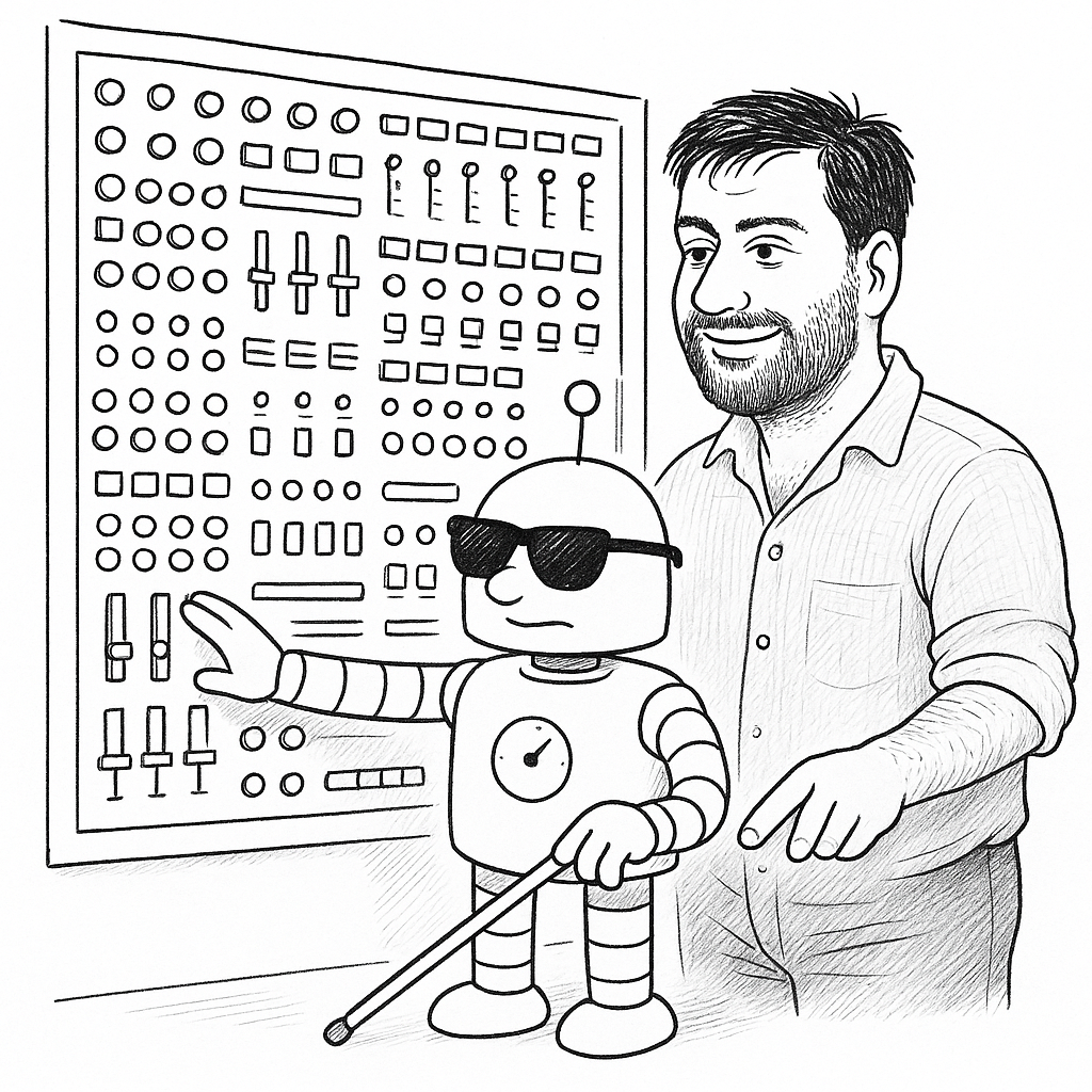 A robot in dark glasses taps a white cane, groping blindly across a wall of buttons and switches, while the man beside it calmly rests a finger on exactly the right control.