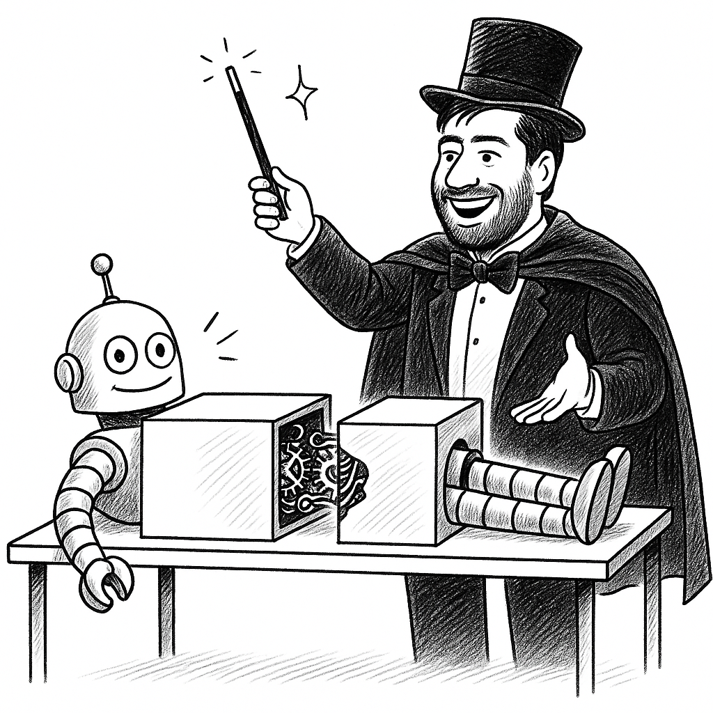 A robot magician on stage attempts the saw-the-assistant-in-half trick, but without practice it misfires -- sparks and confusion instead of applause.