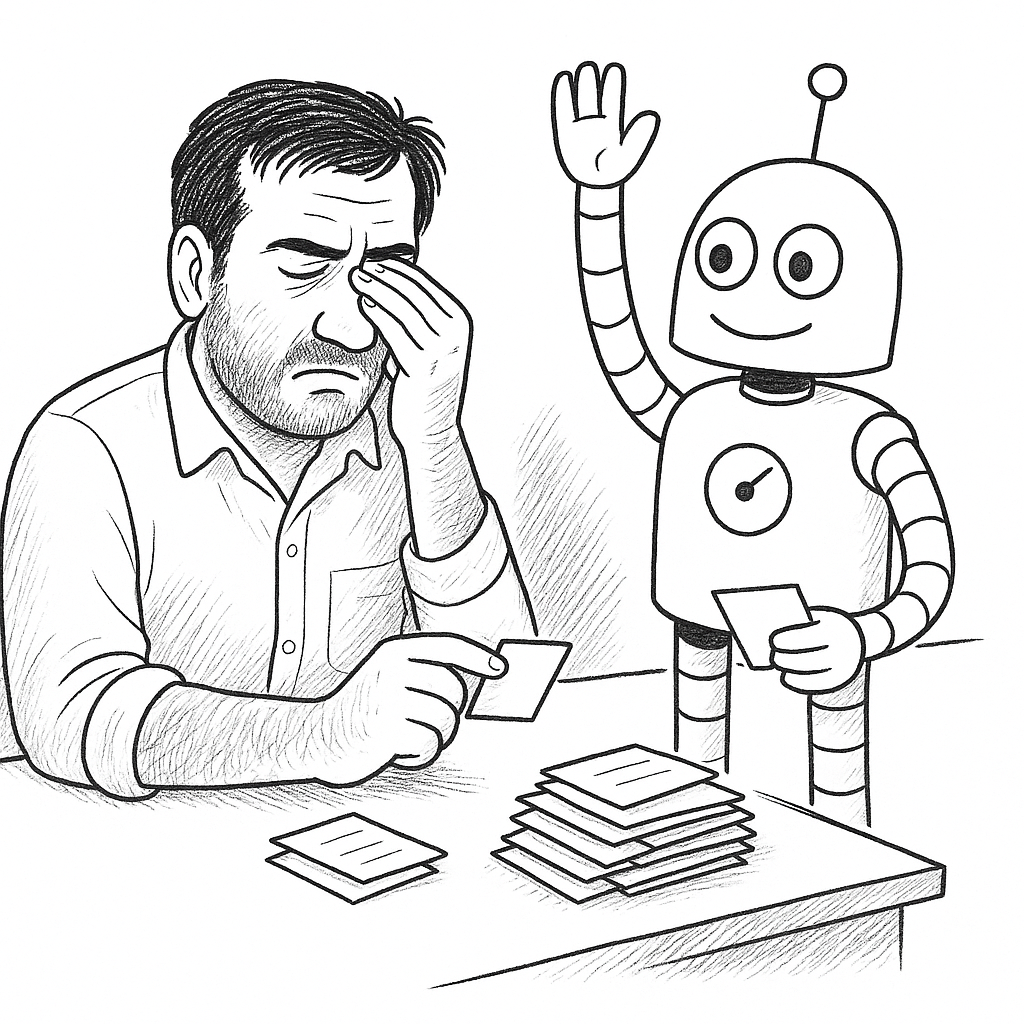 A man at his desk pinches the bridge of his nose while an eager robot beside him raises its hand and holds out yet another slip for approval, atop a pile of already-signed ones.
