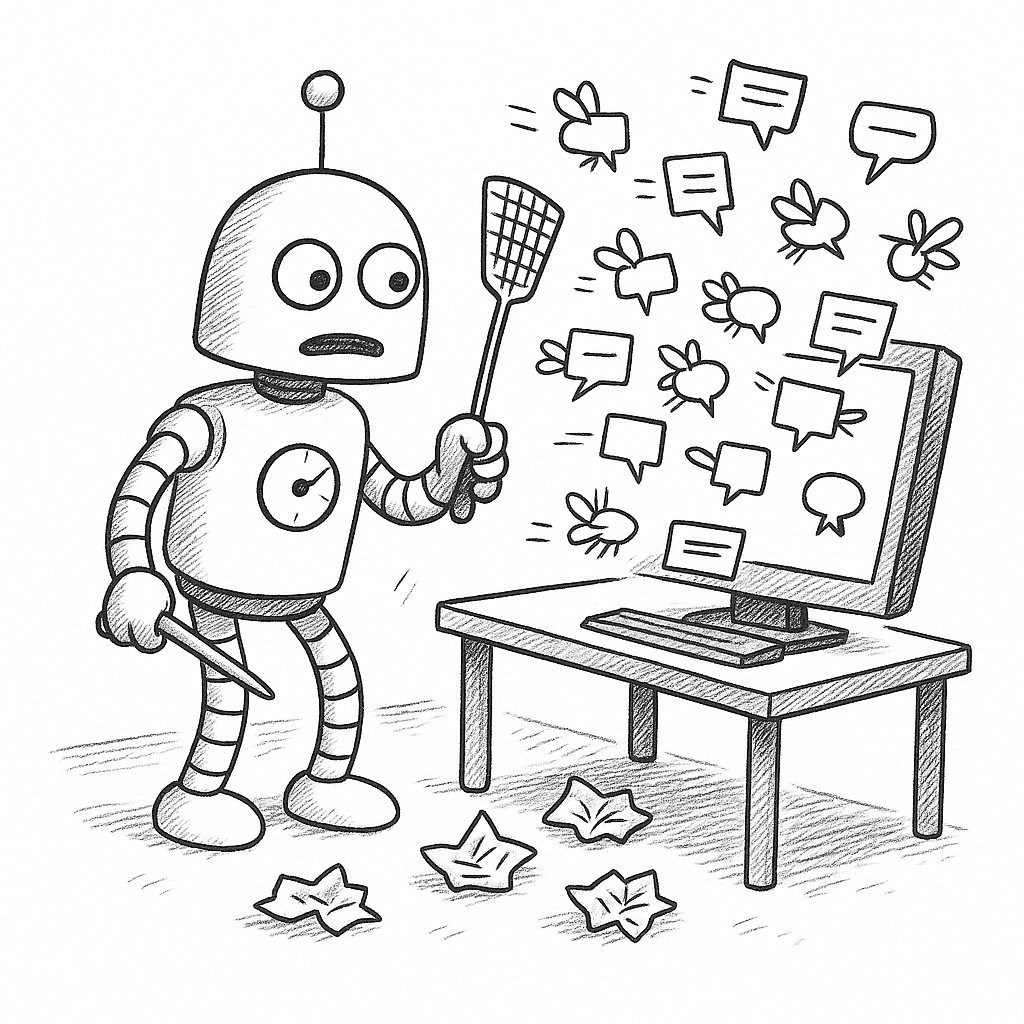 A frazzled robot swings a fly swatter at a swarm of pop-up windows and chat bubbles buzzing around a monitor like flies, with swatted ones crumpled on the floor.