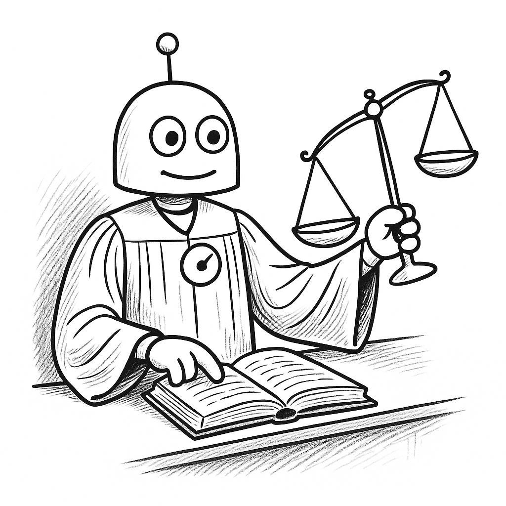 A robot dressed as a judge holds up a clearly lopsided balance scale while tracing a line in an open rulebook, judging by the book rather than by instinct.
