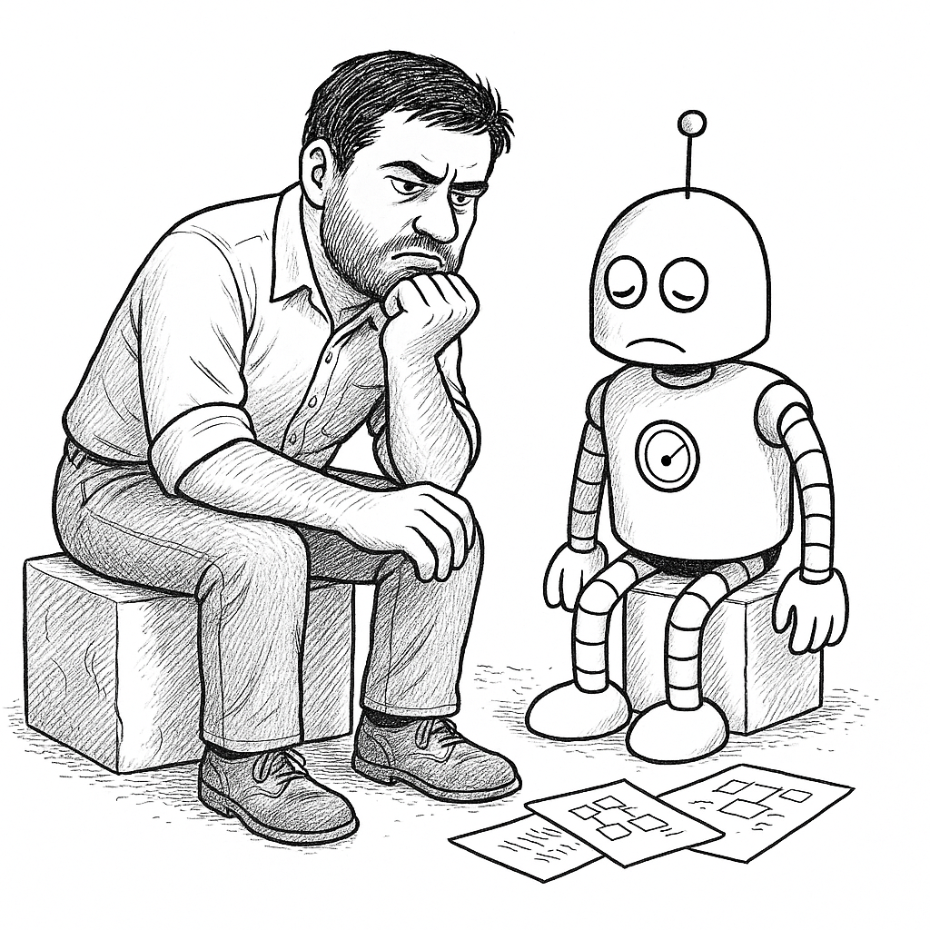 A person sits deep in thought sketching out a detailed plan on a board, while the robot stands idle beside them, waiting to be told exactly what to do.