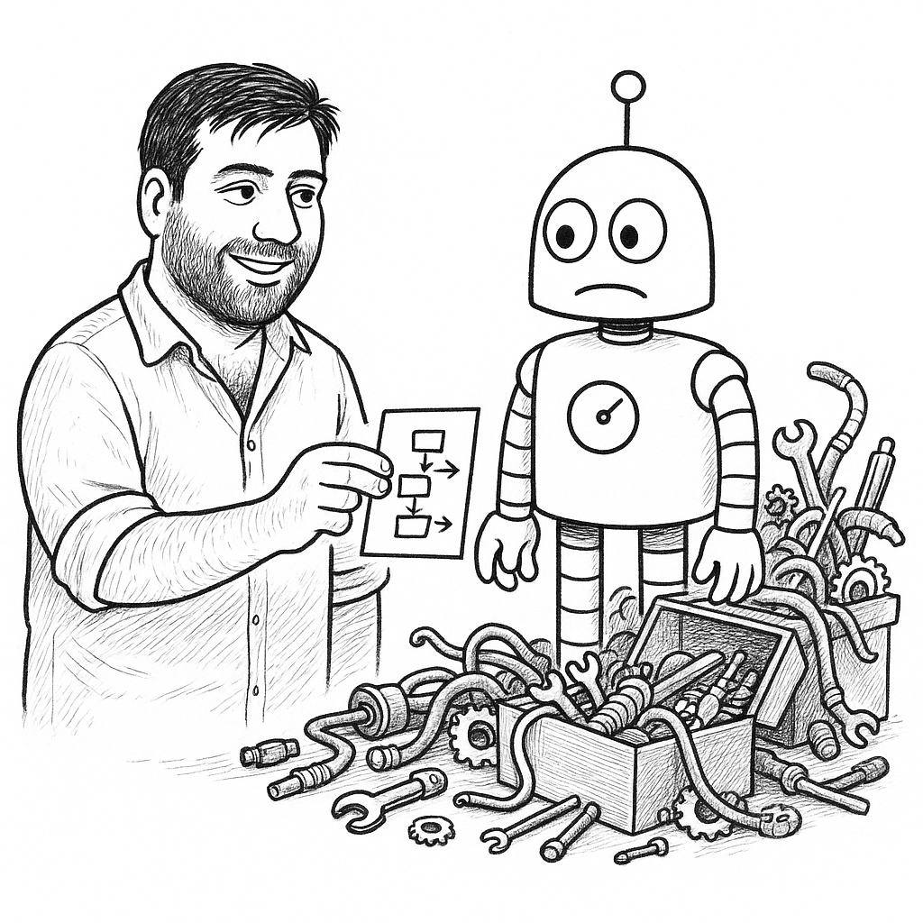 A man calmly hands a robot a napkin with three little boxes on it, while the robot stares wide-eyed at the enormous tangle of pipes, gears and tools it will actually take.