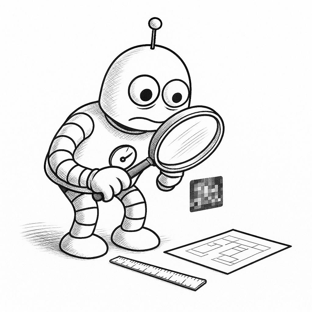 A robot squints through a magnifying glass at a tiny blurry pixelated image, while the exact ruler and dimensioned blueprint it needs lie ignored beside it.